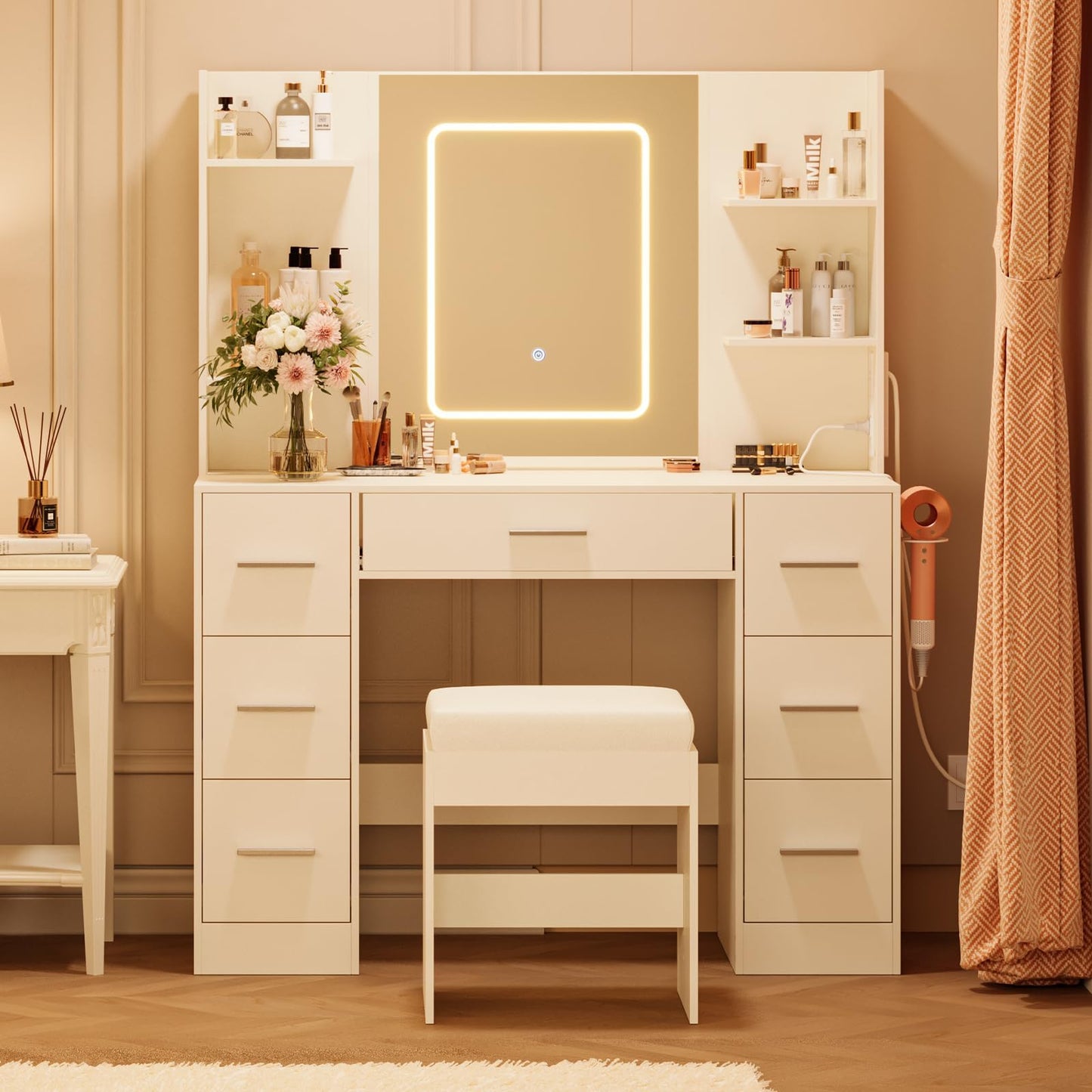 GarveeHome 43" Large Vanity Desk with 3 Colors LED Light and Mirror - Vanity Desk Set with Power Outlet and Hairdryer Rack - Makeup Vanity Table with 7 Drawers and Shelves for Bedroom