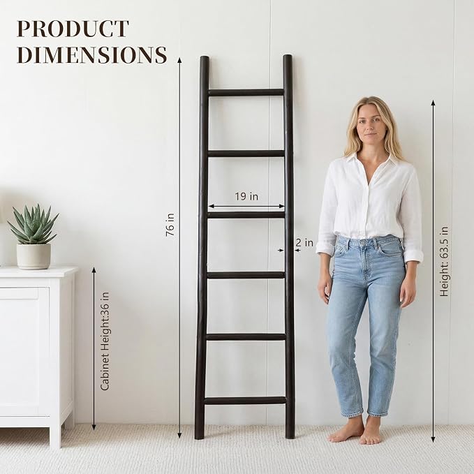 Wooden Blanket Ladder - 76in Natural Wood Color- Leaning Wall Decor for Bedroom, Bathroom, Living Room - Rustic Quilt Holder (Dark Walnut, 76in | Knock Down)