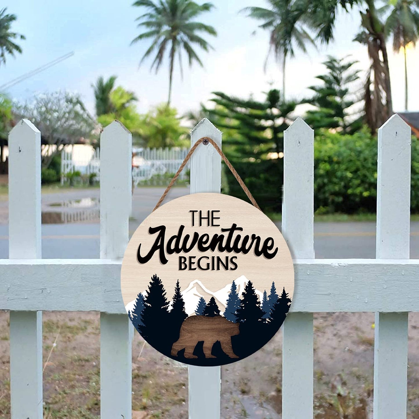 LHIUEM The Adventure Begins Wooden Hanging Sign,Woodland Wall Decor,Bear Mountain Inspirational Quotes Wooden Sign For Home Cabin Decor,Forest Camping Sign (12”X 12”)