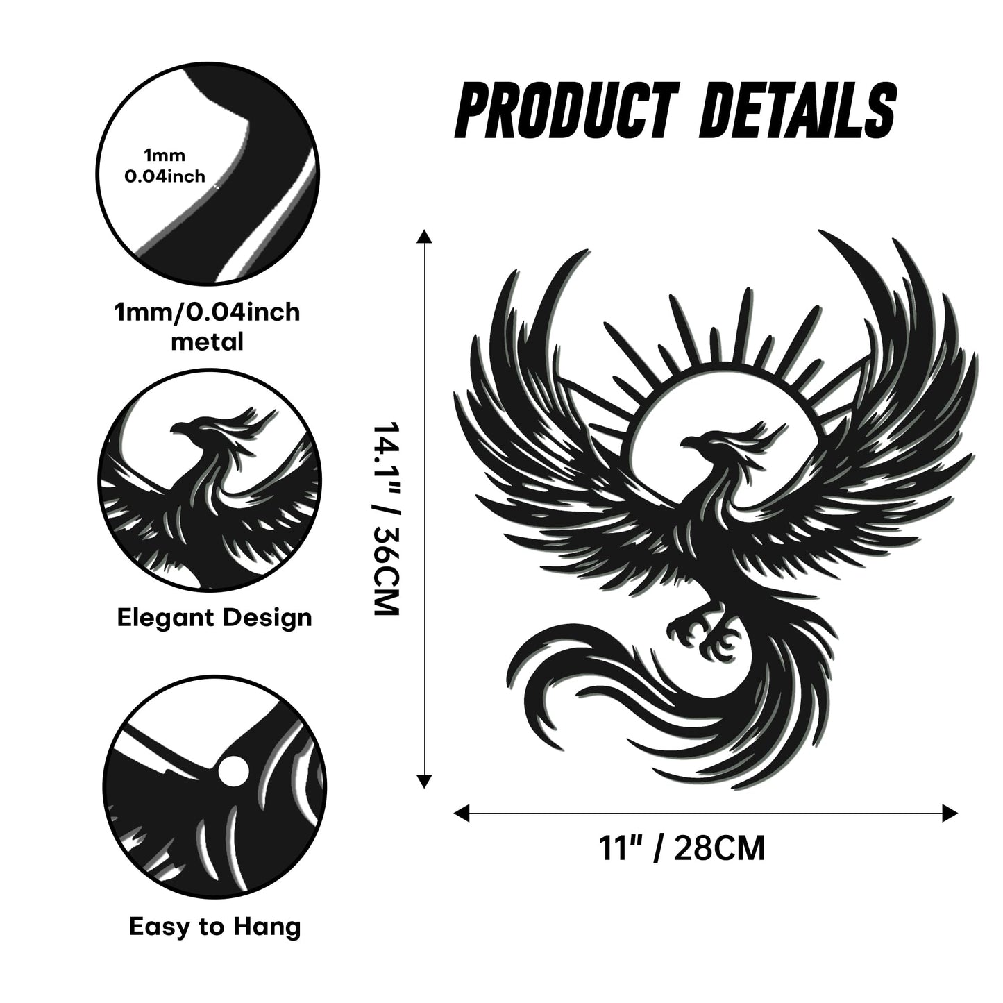 Rajukit Phoenix Art Metal Wall Decor, Phoenix and Sun Design 11.8x11 inches. Durable black metal. for living room, bedroom. Phoenix statue silhouette with sun rays.