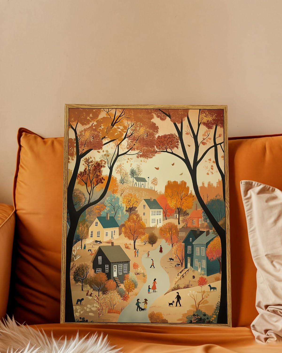 WHASAYART Autumn Cozy Village Landscape Scene 12x16 Framed Canvas Print, Rustic Fall Country Trees Wall Art with Warm Colors, Thanksgiving House Office Entryway Seasonal Decor