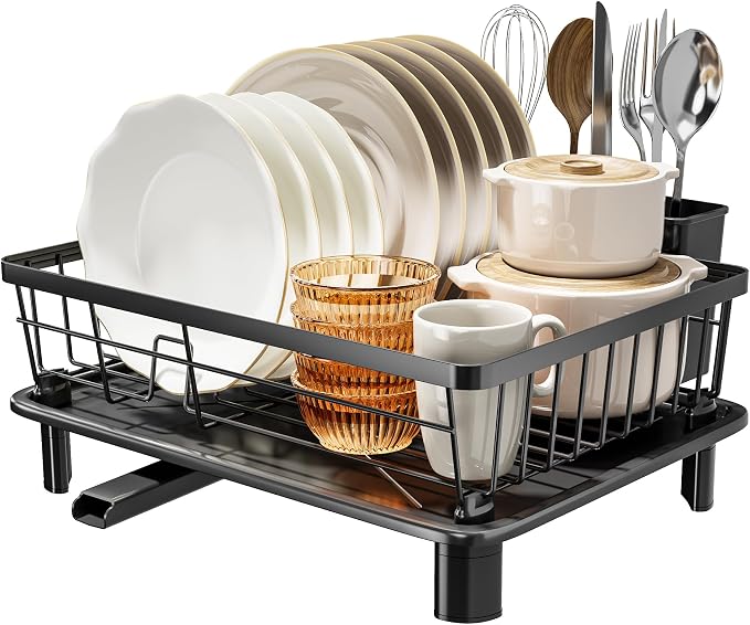 MOUKABAL Dish Drying Rack, Dish Rack, Stainless Steel Dish Racks for Kitchen Counter, Dish Drainer with Removable Utensil Holder, Drainboard (Black,11''W x 15''L)