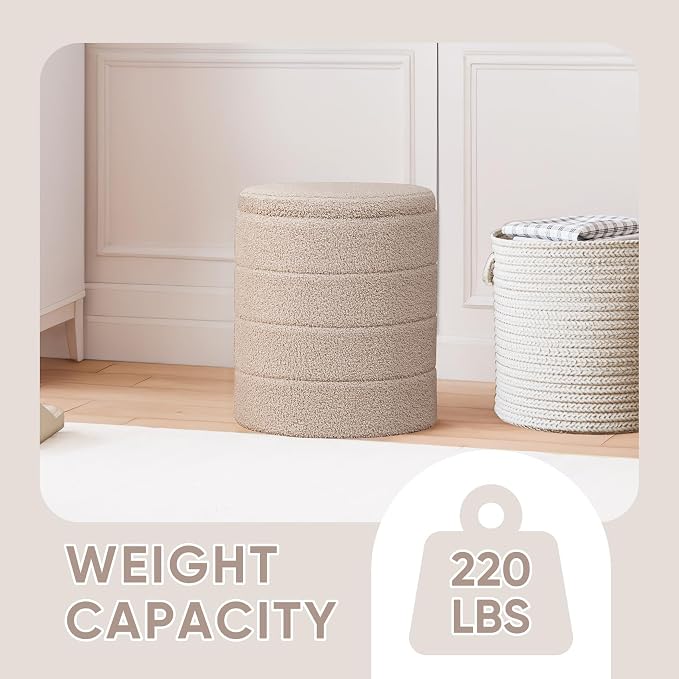 PINPLUS Round Storage Ottoman Foot Rest Stool with Tray Velvet Sherpa Folding Storage Ottoman,Boucle Foot Rest for Living Room, Bedroom, Dorm（Beige）