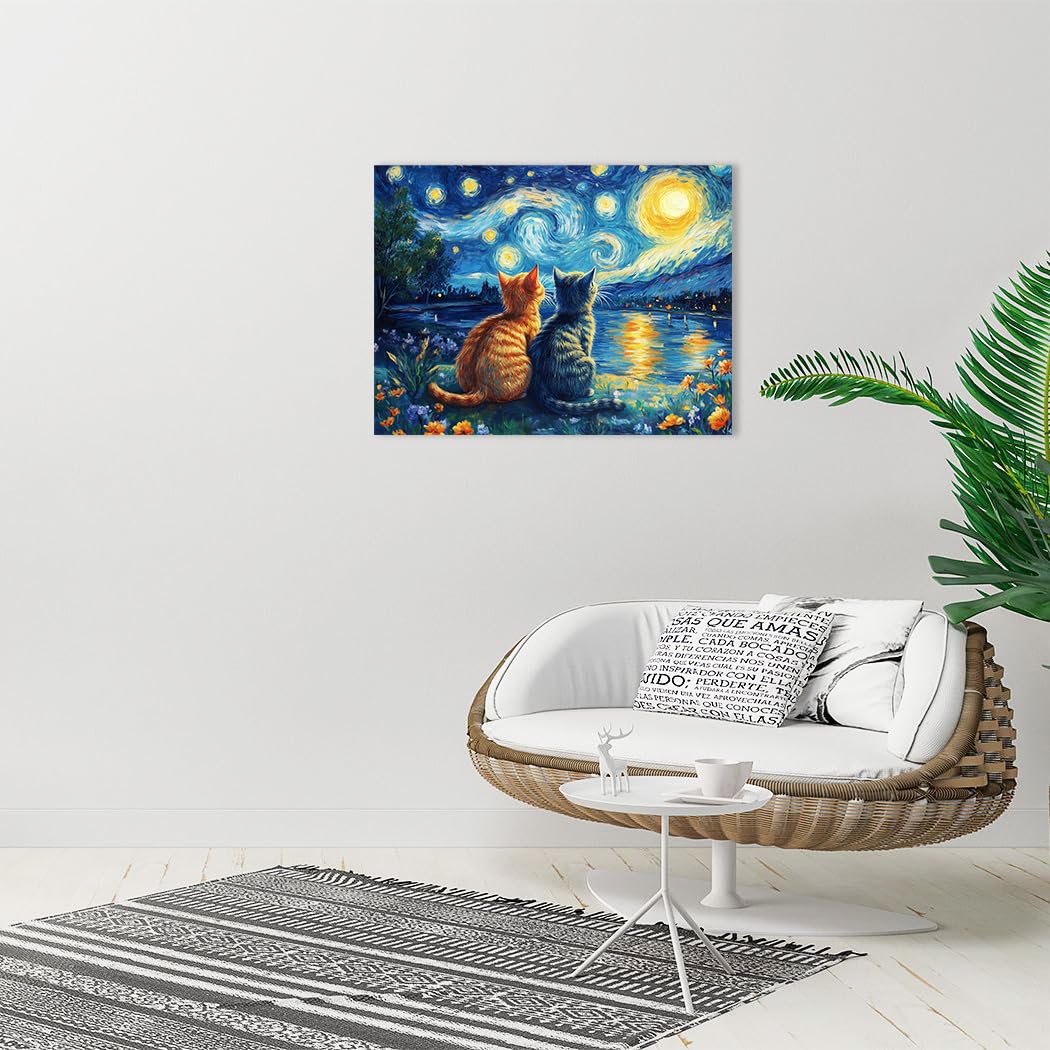 Ypxzzj Van Gogh Starry Night With Cartoon Cats Canvas Wall Art,Night Starry Pictures Paintings Wall Decor, Animal Cats Artworks for Bedroom Living Room Wall Decor Framed Ready to Hang