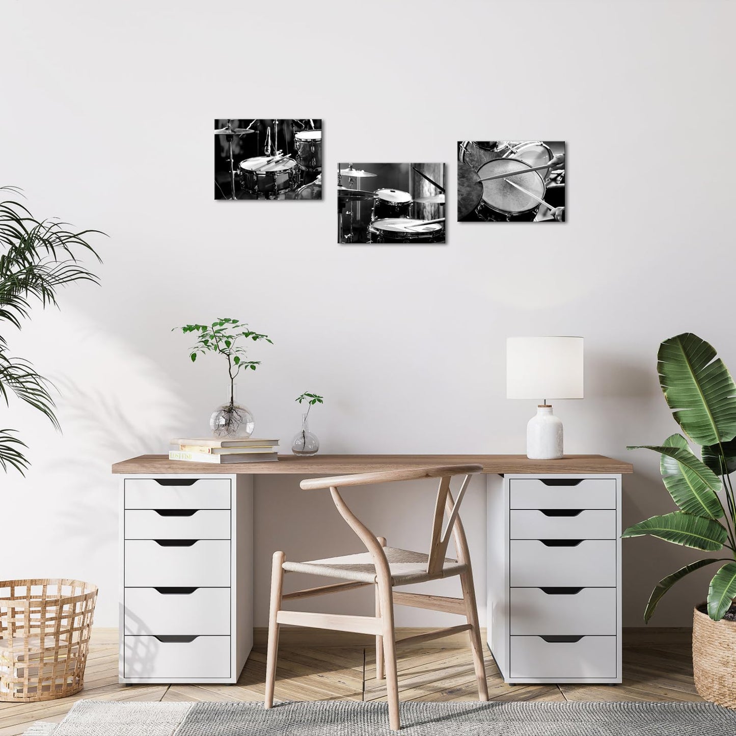 LyerArtork 3 Piece Music Wall Art Canvas Prints Black and White Rock Band Shelf Drum Set Musical Instruments Pictures Artwork Wall Decor for Home Living Room Musical Studio 12x16inchx3