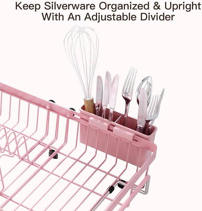 MAJALiS Pink Dish Drying Rack Over The Sink, Expandable Stainless Steel Dish Drainer for Small Kitchen Counter Space Saving, RV Compact Plate Strainer in Metal with Hanging Adjustable Utensil Holder