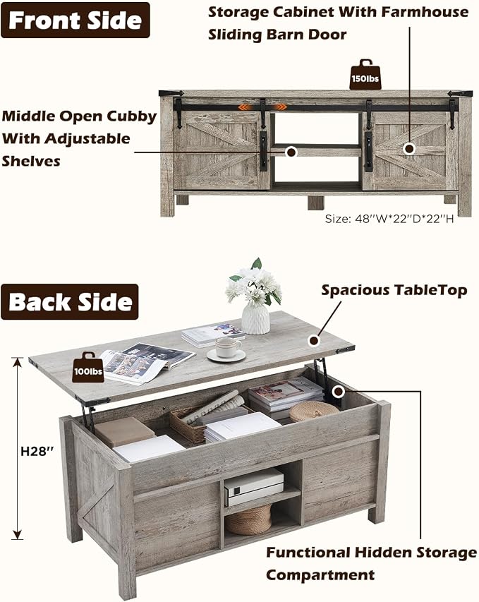 OKD 48" Farmhouse Lift Top Coffee Table with Sliding Barn Door,Rustic Center Table w/Hidden Storage Compartment, Lift Tabletop Dining Table w/Adjustable Shelf for Living Room,Light Rustic Oak