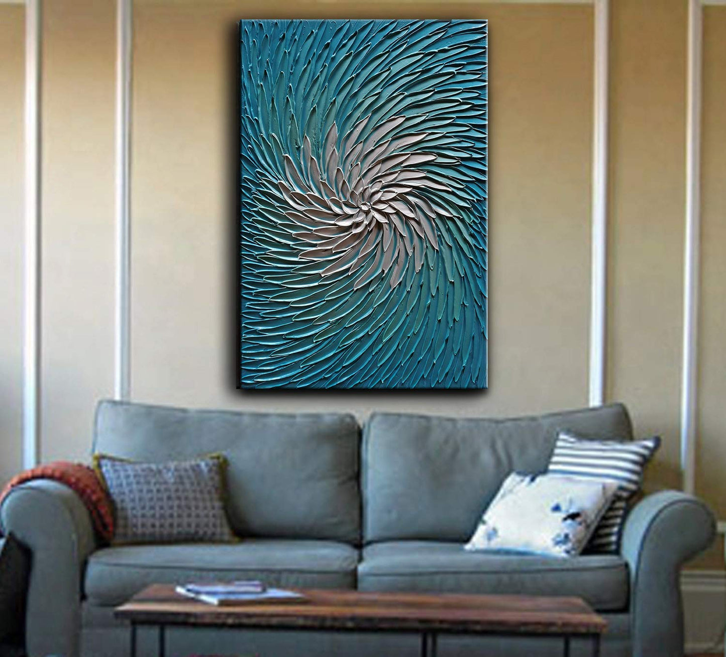 YaSheng Art - 24x36inch Wall Art 3D Vertical Wall Art ,100% hand painted Modern Abstract Wall Art ,Oil Painting Blue and Silver Canvas Wall Art Artwork ,Wall Art for Living Room, Bedroom Wall Decor,Office Wall Decor Home ,Framed Wall Art