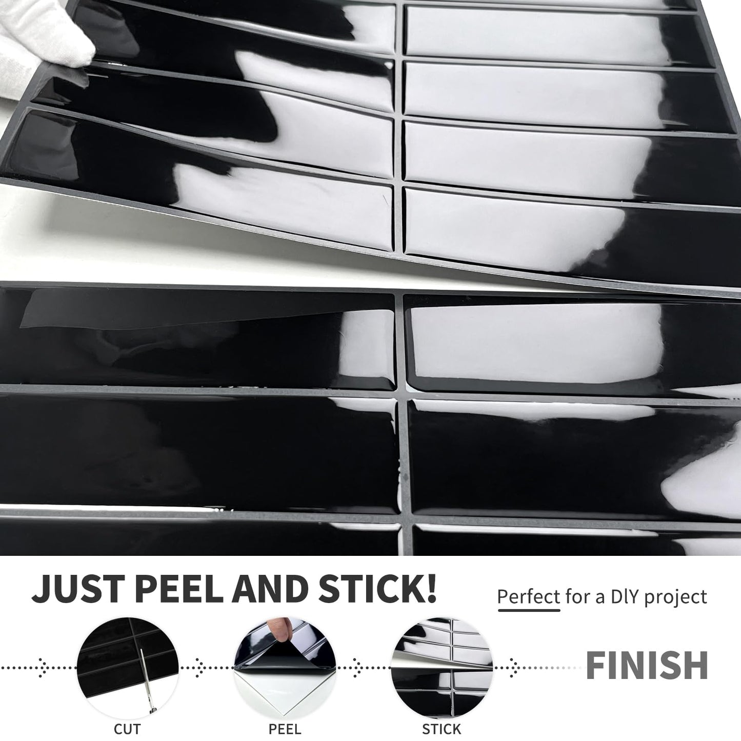 DEWOO Black Rectangle Peel and Stick Subway Backsplash Self Adhesive Wall Tile Stickers for Kitchen Bathroom Brick (10-Sheet, 12"×12")