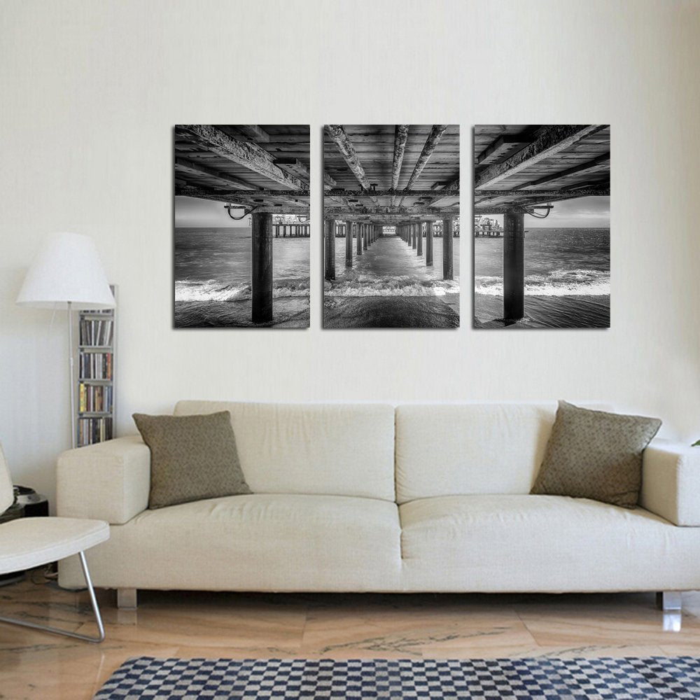KREATIVE ARTS - UNDER THE PIER Premium Canvas Art Print Black and White Large Seascape Wall Art Deco Canvas Picture Stretched on Wooden Frame as Modern Gallery Artwork