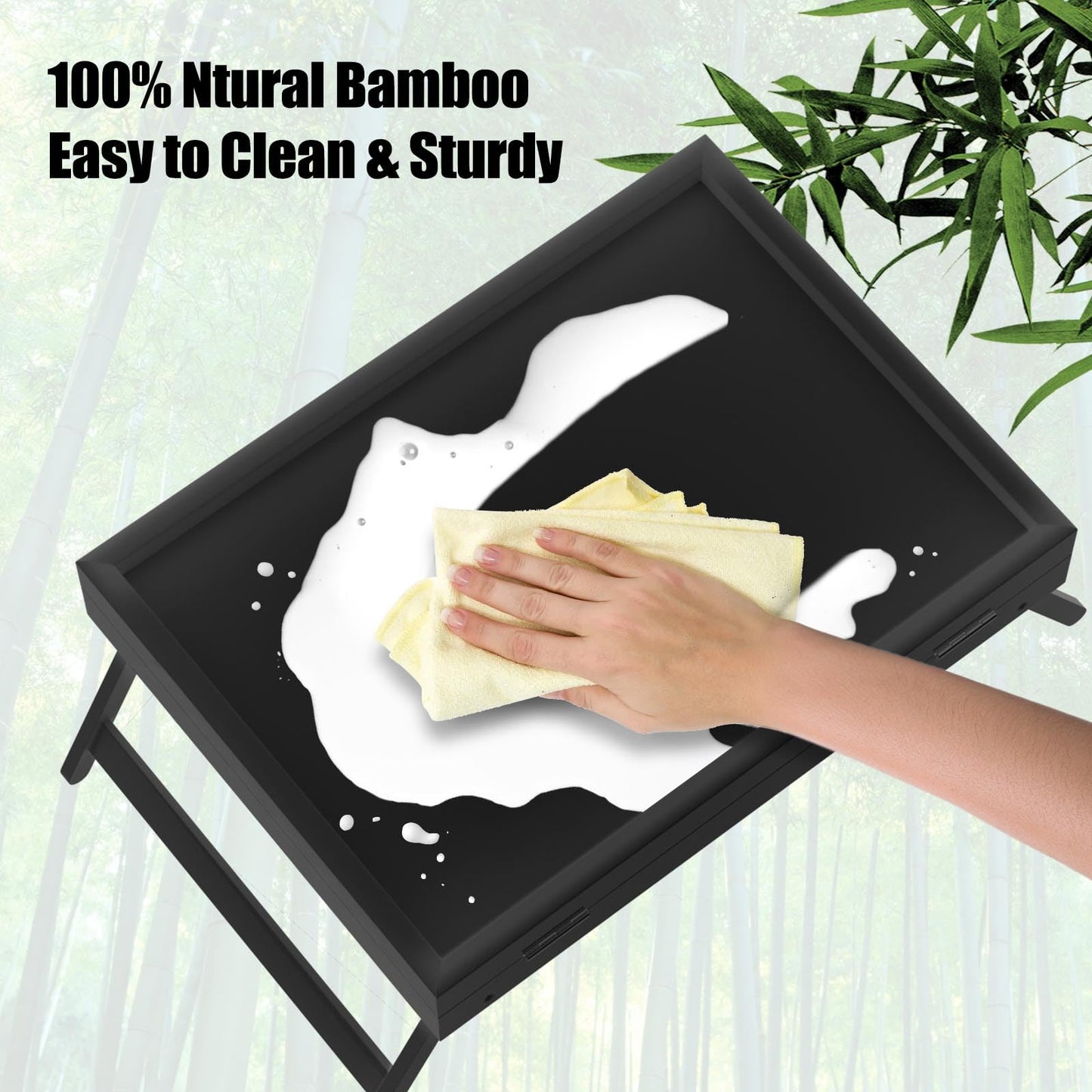 Bamboo Bed Tray Table,Breakfast Trays with Folding Legs,Kitchen Serving Tray for Sofa,Eating and Working,Used As Laptop Desk Snack Tray,Black