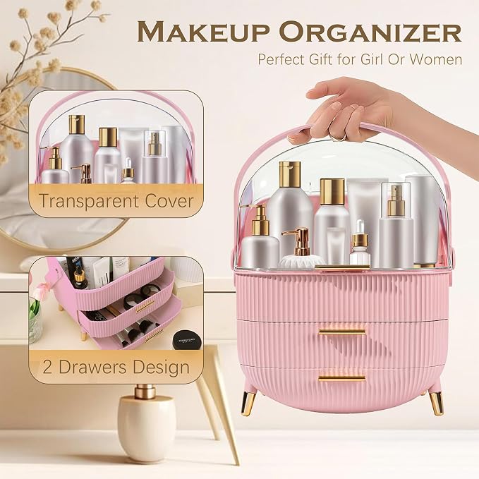 lurcns Vanity Organizer with Lid and Drawers, Beauty Skin Care Storage for Countertop, Birthday Gift for Teen Girls, 10 11 12 13 14 15 16 17 18 Year Old Girl Gifts, Pink Makeup Holder for Dresser | for Vanity