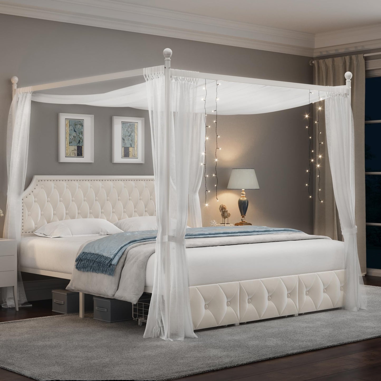 Keyluv King Upholstered Canopy Bed Frame with 3 Drawers and Button Tufted Headboard, Metal Platform Bed with 4 Removable Posts, Two-Purpose Velvet Bed No Box Spring Needed, Beige/Curtains Not Included
