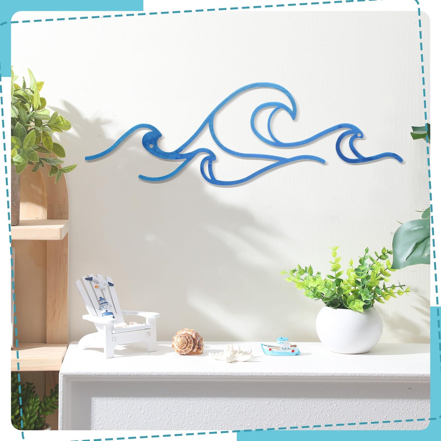 Seeloowy Wave Wall Decor Blue Metal Wire Wall Art Ocean Coastal Sea Beach Pictures Surf Nursery Themed Hanging for Home Living Room Summer Seaside Decoration for Bedroom Bathroom
