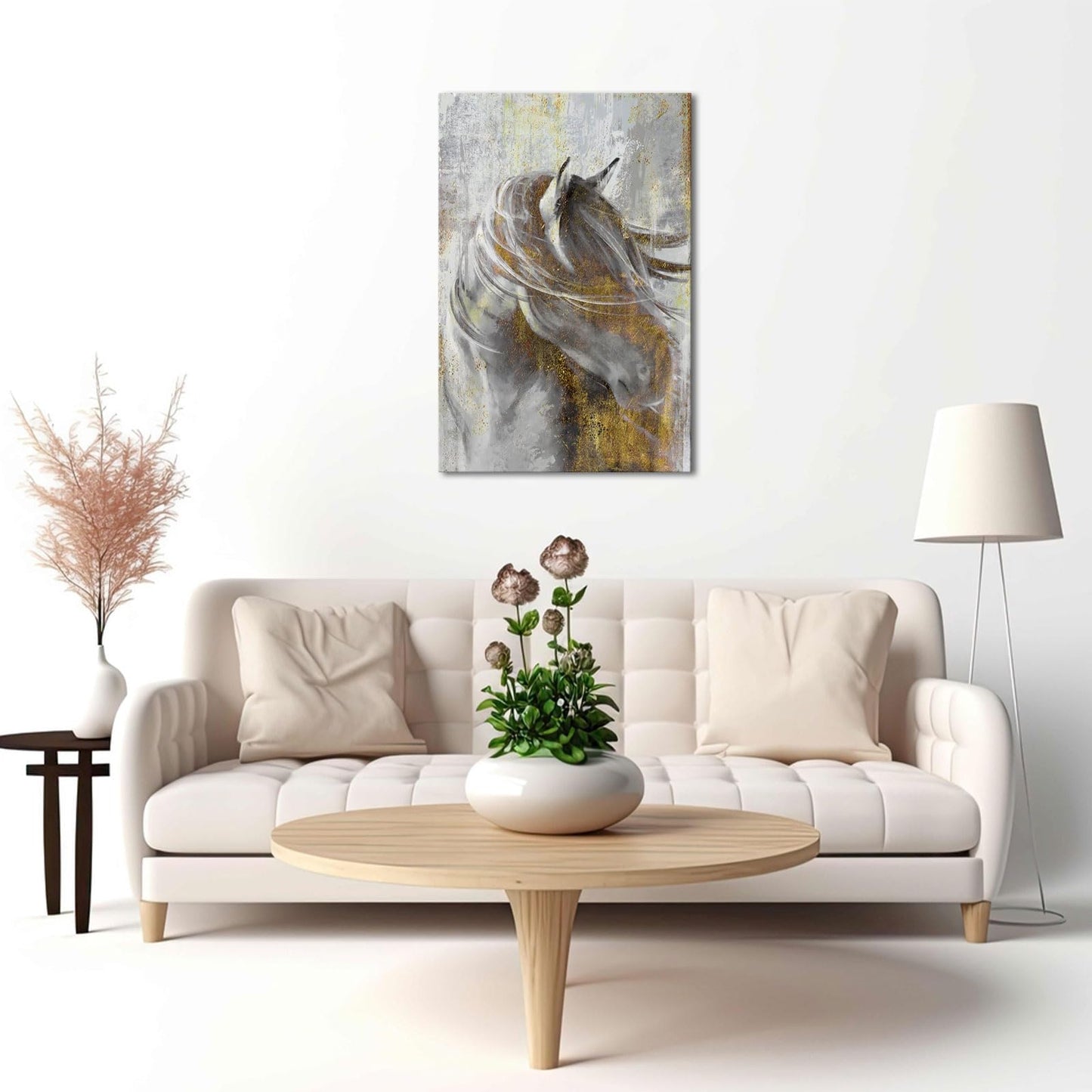 LoveHouse Horse Wall Art Abstract Gold Grey Horse Canvas Paintings Modern Horse Wall Decor for Living Room Bedroom Office Framed 24"x36"