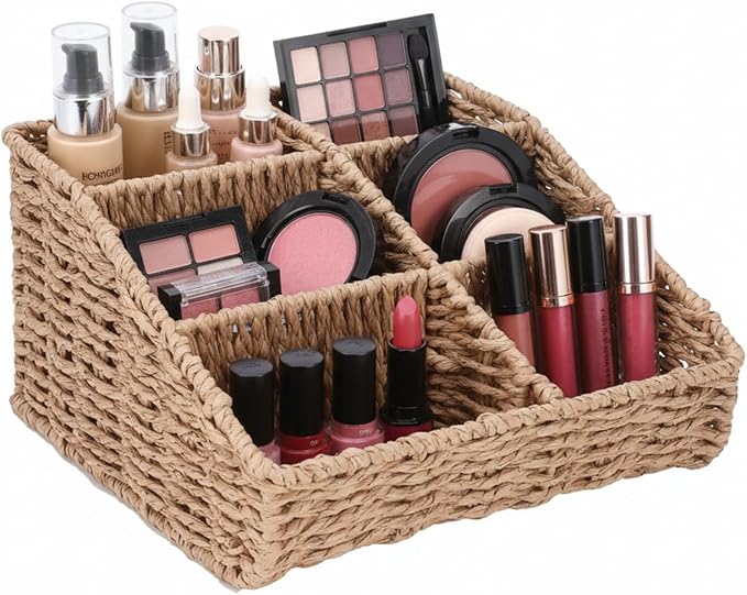 Makeup Organizer, Hand-woven Wicker Basket for Dresser Vanity and Bathroom Countertop, 6 Compartment Skincare Organizer Cosmetic Display Case, Beauty Holder for Lipstick Brush Eyeshadow Palette