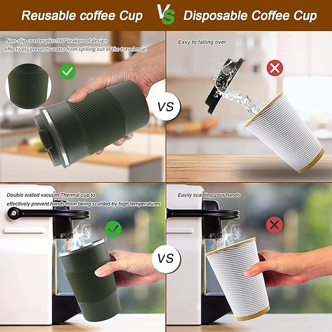 YINBAOGE Insulated Travel Coffee Mug, Spill & Leak Proof, Portable To Go Camping Stainless Steel Coffee Tumbler, Reusable Thermal Coffee Cup with Lid for Hot & Cold Drinks (Green, 12 OZ)
