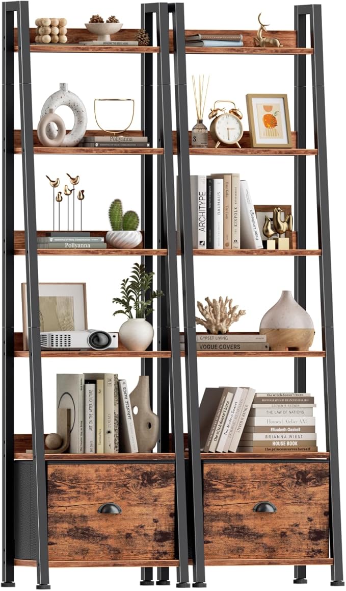 Furologee Bookshelf Set of 2, 6-Tier Ladder Shelf, Ladder Bookshelf with Drawer, Set of 2 Bookshelves, Metal Storage Shelf for Living Room, Home Office, Bedroom, Balcony,Kitchen, Rustic Brown