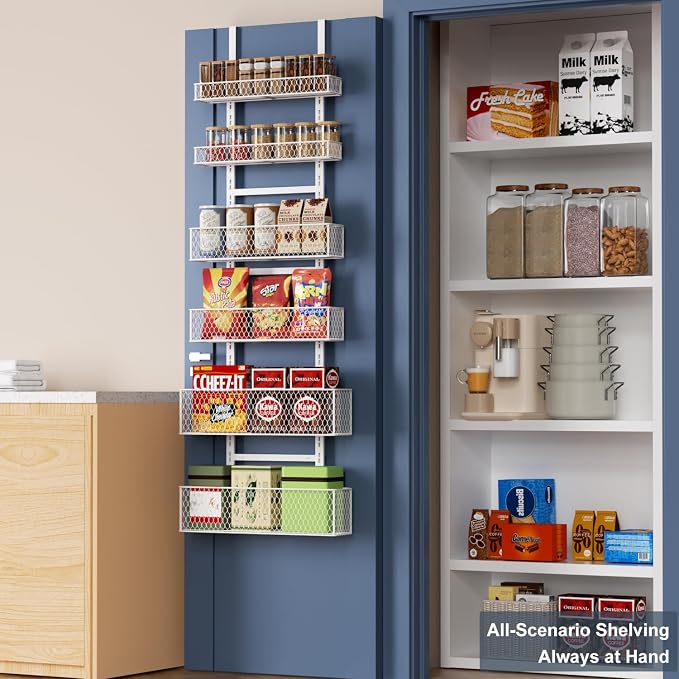 6-Tier Over The Door Pantry Organizer,Hanging Spice Rack,Grid Basket,White | Height Adjustable,Large Capacity,Grid Base for Stable Stoage,For Pantry Door,Laundry Room,Bathroom,Kitchen,D5.3xW15.7xH60.9in