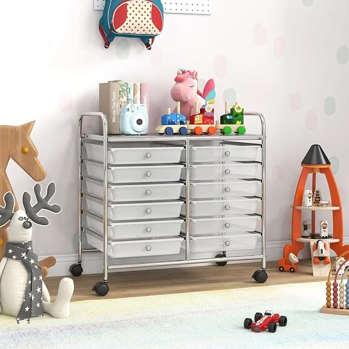 COSTWAY 12-Drawer Rolling Storage Cart, Utility Storage Organizer Cart for Tools, Scrapbook, Paper, Craft, Multipurpose Art Supply Organizer on Wheels for Home Office School, Teacher, Clear