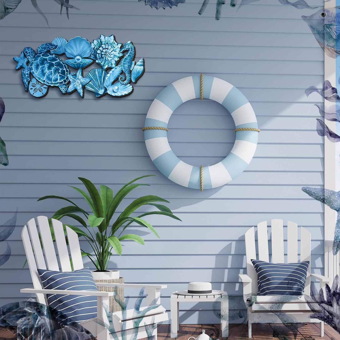 Qunclay Summer Ocean Themed Wall Decorations Sea Horse Shell Coastal Wood Sea Turtle Starfish Ocean Voyage Wall Hanging Decor for Home Pool Living Room Bedroom Outdoor Art, 15.8 Inch