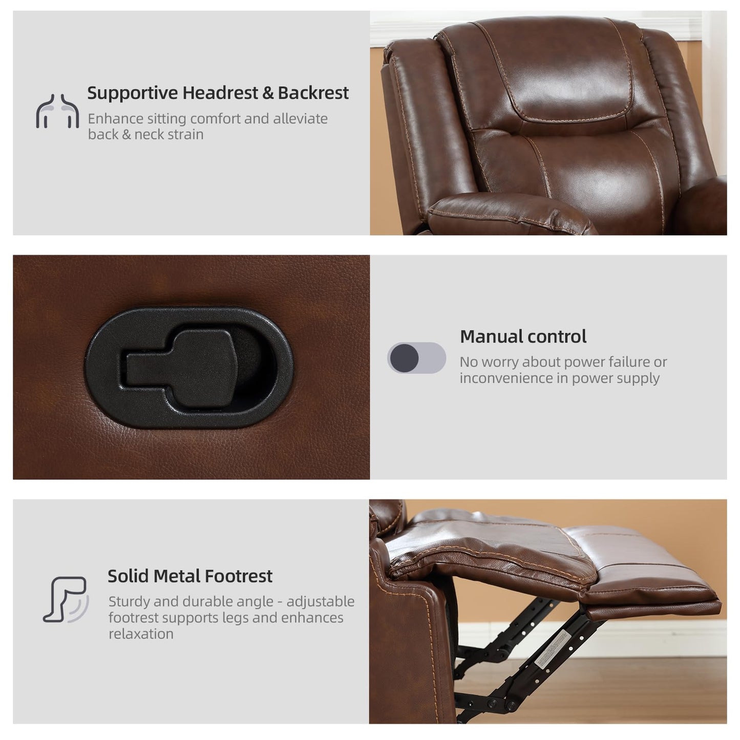 EBELLO Genuine Leather Recliner Manual Sofa Set, Double 1 Seat Reclining Chair, a 3 Seater Sofa with Headrest and Armrest, Modern Durable Home Furniture Set for Living Room, Vintage Brown