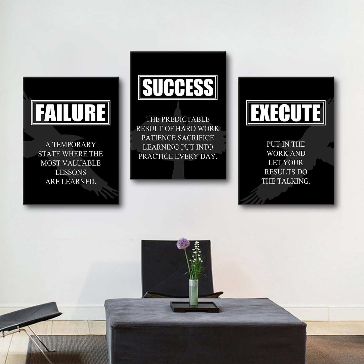 YSPCSUN 3 Piece Motivational Wall Art Canvas Office Decor Failure Success Execute Quotes Posters Eagle Silhouette Inspirational Artworks for Small Home Office Study Room Framed, 36" x 16"