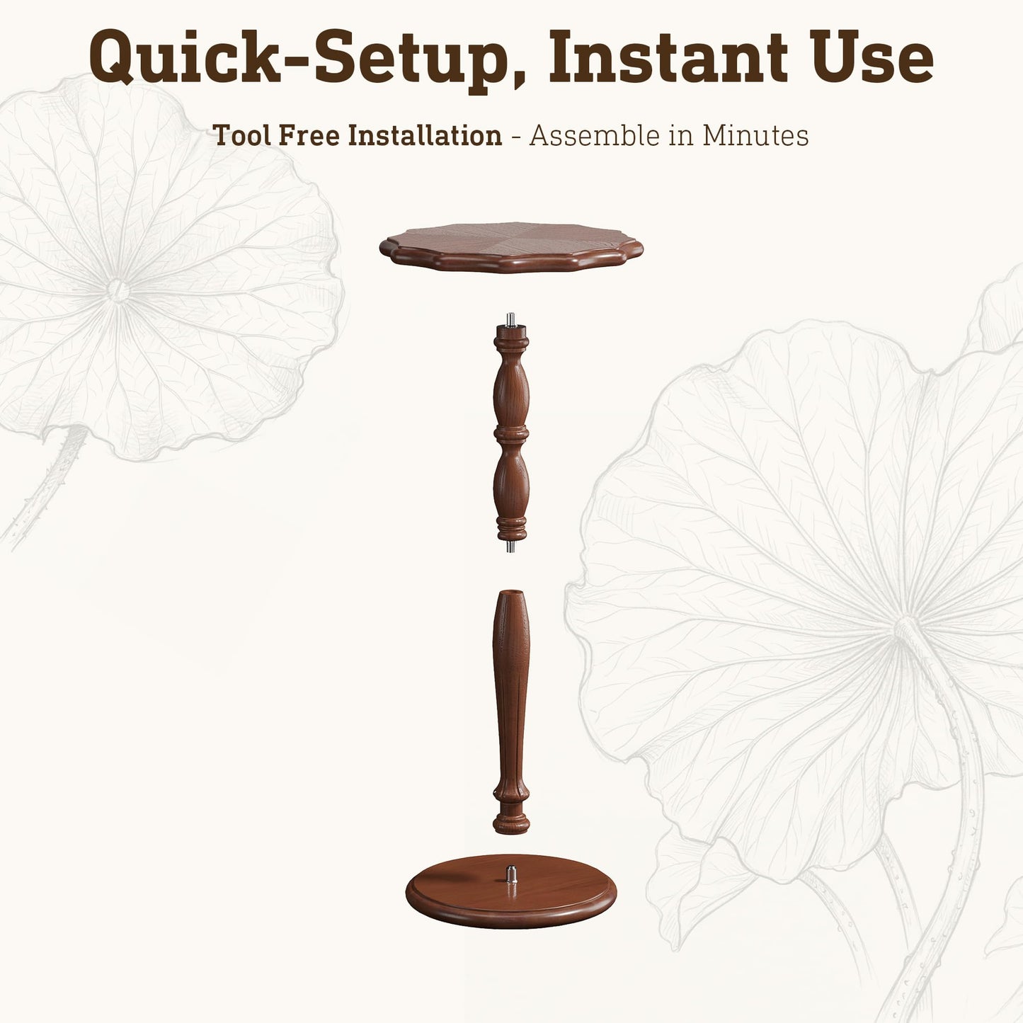 STO'SENSE Round Side Table, Drink Table for Small Spaces,Modern Accent Nightstand w/Solid Wood Leg,Mid-Century Pedestal Sofa Table w/Classic Sculpted Design for Living Room,Tool-Free Assembly,Walnut