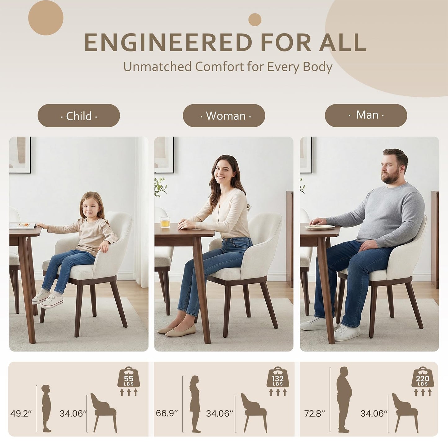MALOL Wooden Dining Chairs Set of 4, Modern Fabric Upholstered Dining Room Chair, Kitchen Side Chairs, Farmhouse Dinner Chair with Open Back for Kitchen, Beige