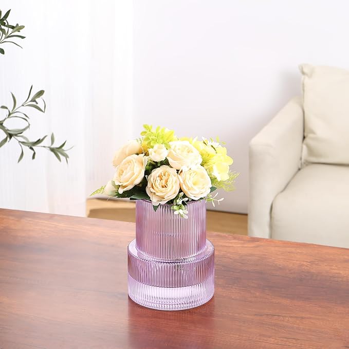 Ribbed Glass Vase, Flower Vase, Fluted Purple Vases for Flowers, Modern Vases for Living Room, Dining Table, Entryway, Shelf, Wedding, Office, Coffee Table, Birthday, 7.5 Inches
