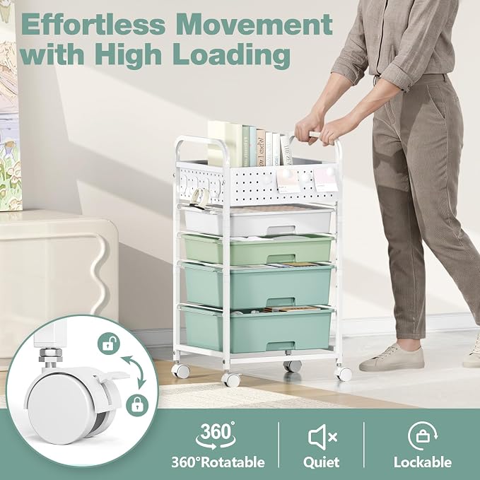 4 Drawer Rolling Storage Cart with Pegboard Top and Hooks, Mobile Organizer Cart with Wheels for Office Supplies, Craft Storage, Classroom Organization, Home Utility Cart, Gradient Green