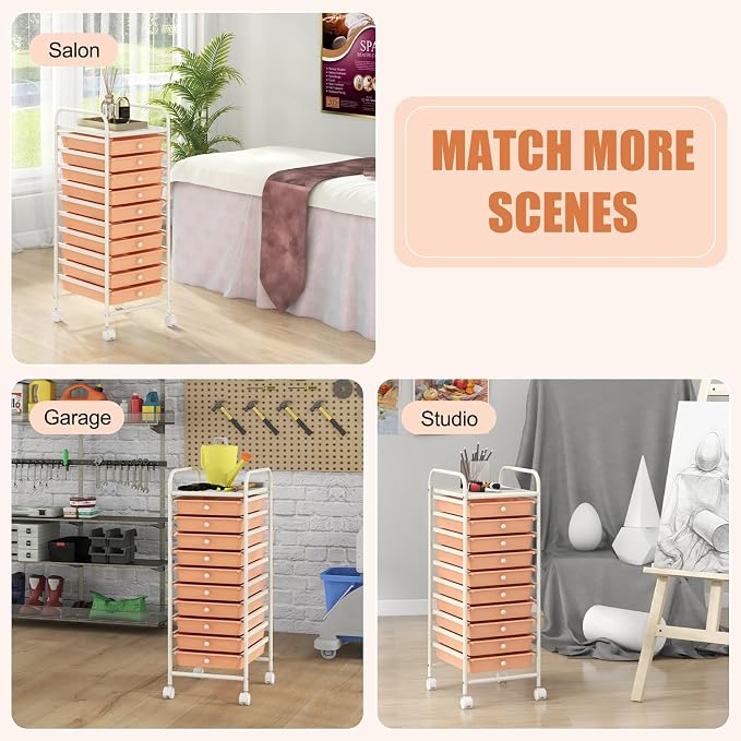 MEDIMALL 10 Drawers Rolling Storage Cart, Multipurpose Craft Storage Cart with Wheels, Mobile Tools Scrapbook Paper Organizer Cart for Office School Home Use