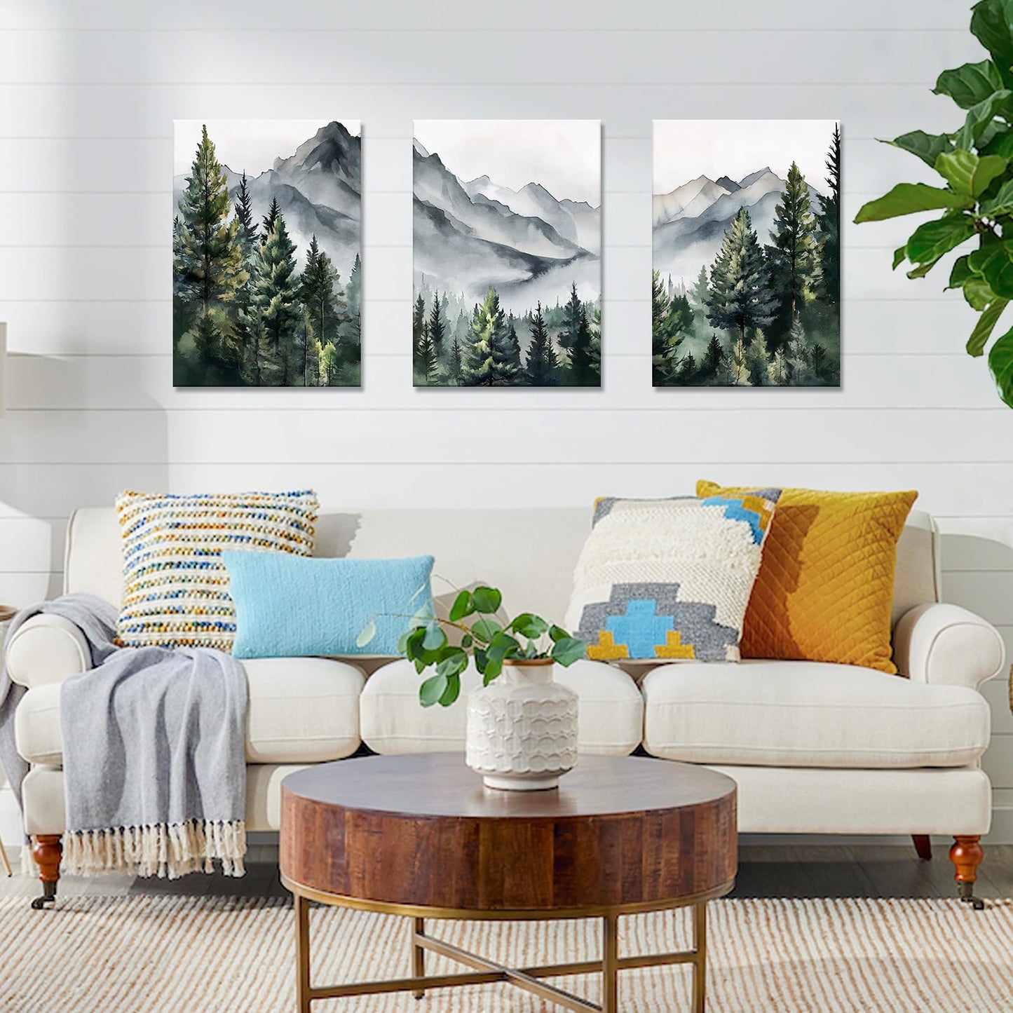 WANGTIAO 3 Panels Framed Canvas Wall Art for Living Room, Abstract Mountain Forest Views Ink Wall Decor for Dedroom Office Wall Paintings Green Landscape Art Prints Pictures Ready to Hang 12"x16"x3