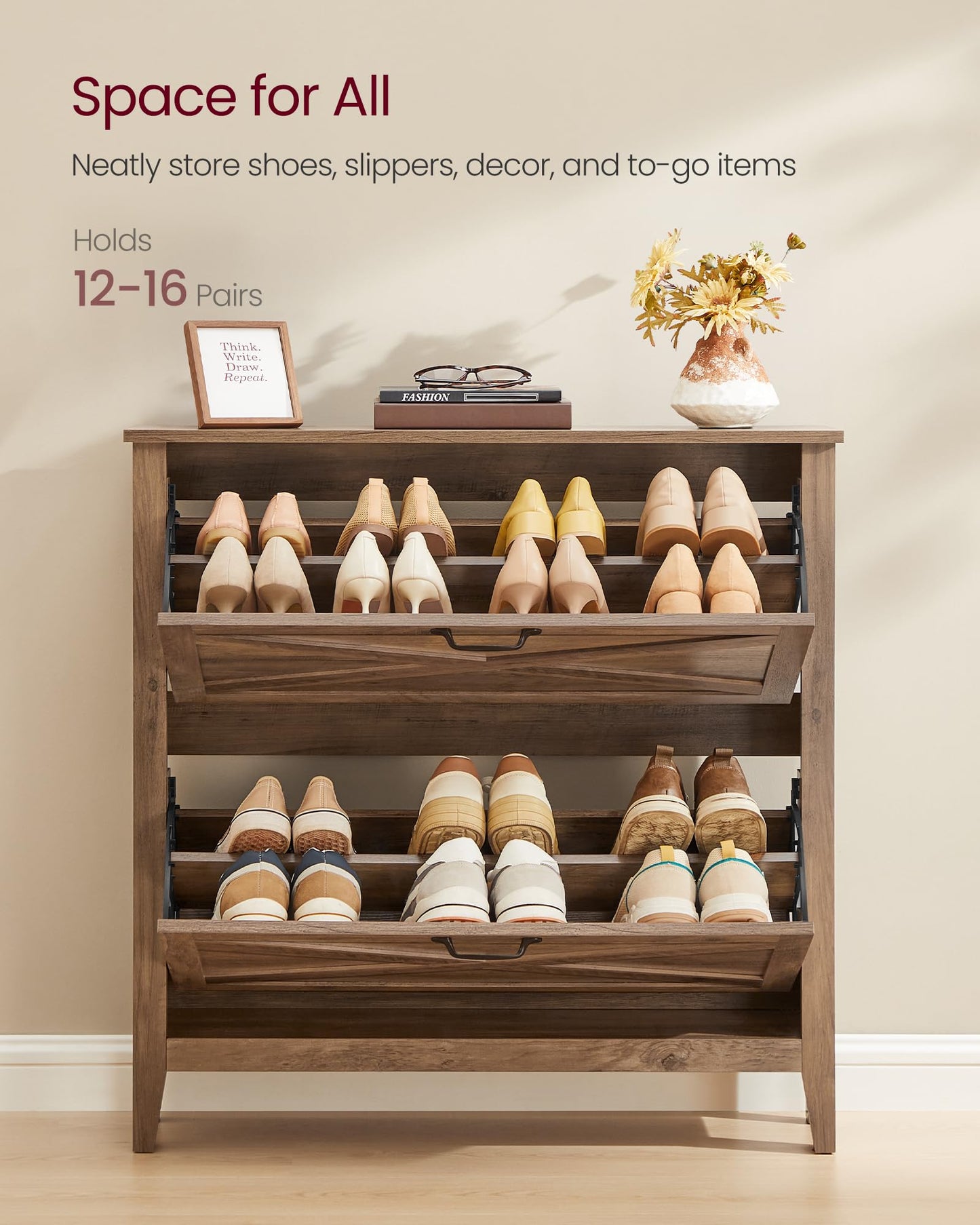 VASAGLE LIRY Collection - Shoe Storage Cabinet Organizer with 2 Flip Drawers, Freestanding Narrow Shoe Rack Cabinet for Entryway, Farmhouse Style, Fits 12 to 16 Pairs, Honey Brown UHSC201K01