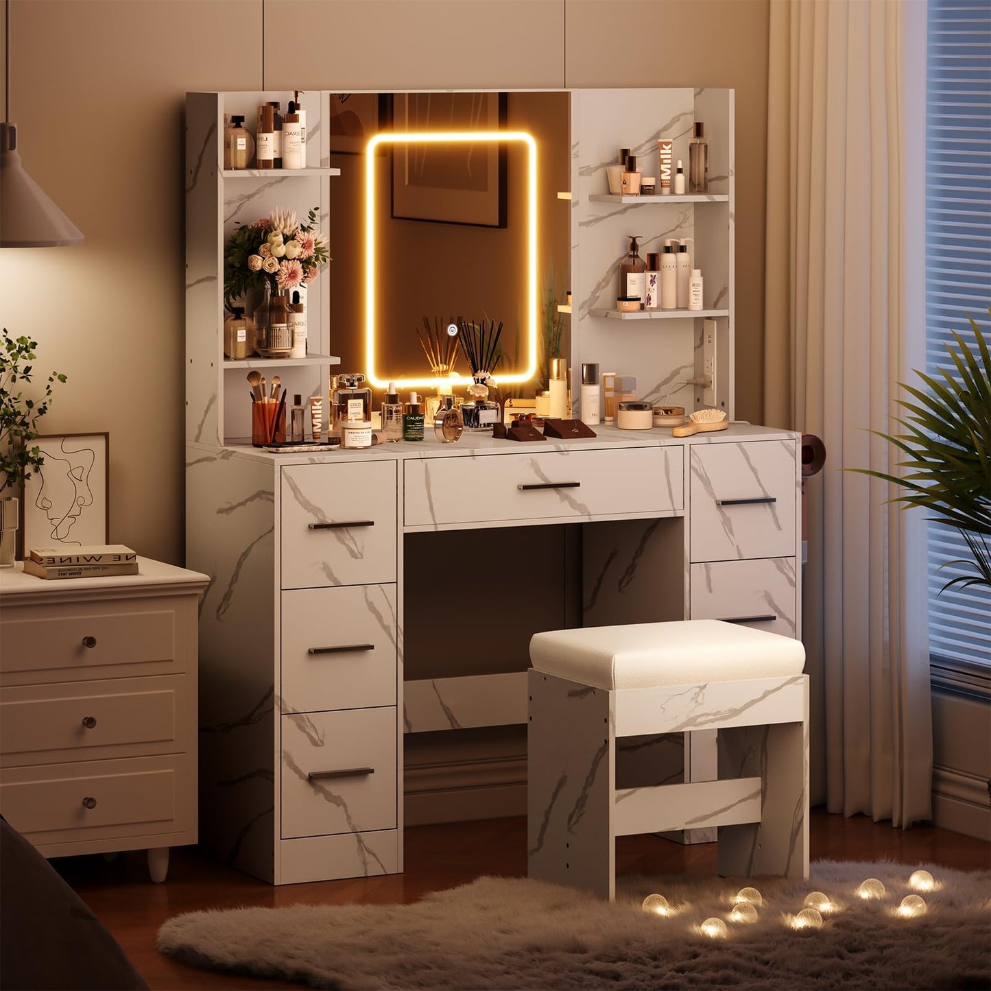 7-Drawer White Vanity Desk with Lighted Mirror & Dimmable LED Lights,Makeup Vanity Set with Power Outlets & USB Ports, 3 Color Lighting Modes, Cushioned Stool & Hair Dryer Holder, Dressing Table for