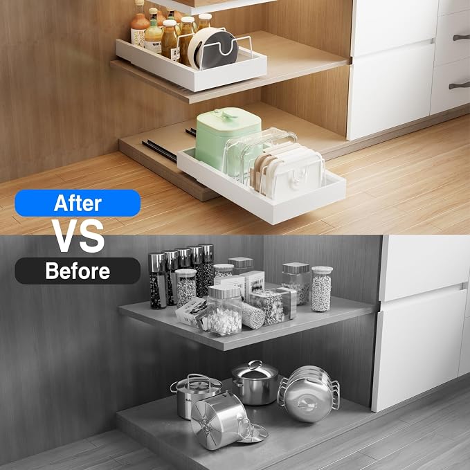 Mustorn 2 Pack Pull Out Cabinet Organizer with 8 Dividers,21.8" Deep Slide Out Drawers for Cabinets Adhesive Pull Out Drawers Heavy Duty Pull Out Shelves for Kitchen, Cupboard, Pantry, Bathroom-White