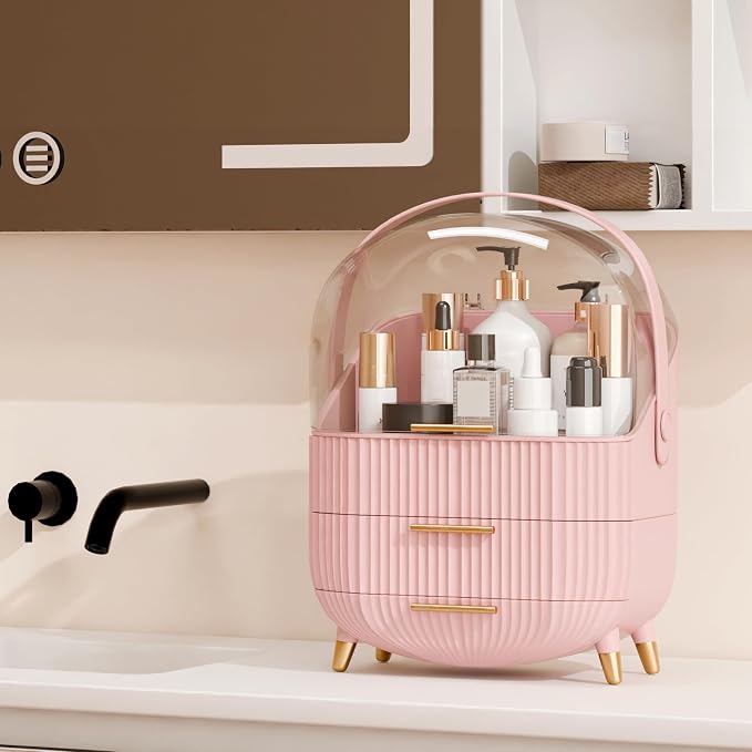 lurcns Vanity Organizer with Lid and Drawers, Beauty Skin Care Storage for Countertop, Birthday Gift for Teen Girls, 10 11 12 13 14 15 16 17 18 Year Old Girl Gifts, Pink Makeup Holder for Dresser | for Vanity