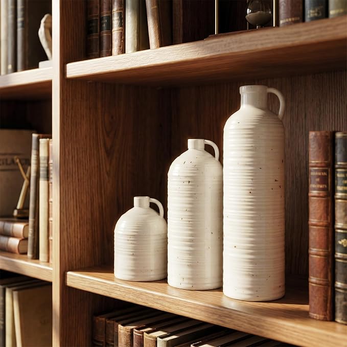 Firehold Ceramic Vase Set of 3, Rustic Farmhouse Boho Vases, Textured Country Home Decor, Small Decorative Vases for Shelves Mantel Table, Gift Set for Dried Pampas Grass & Fresh Flowers (White)