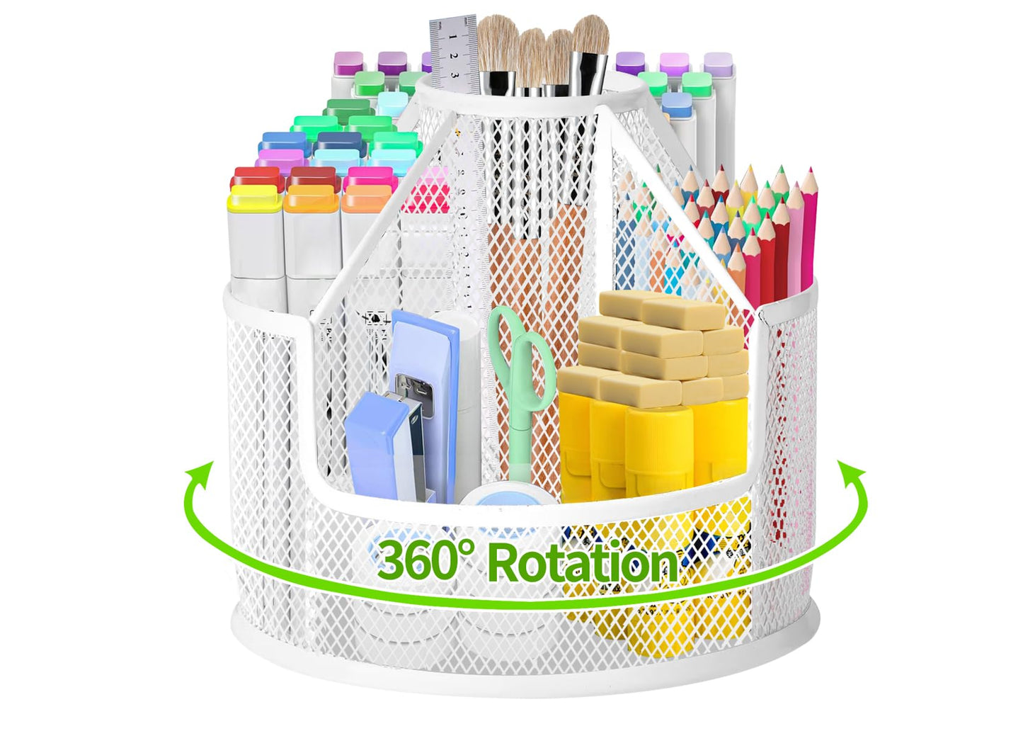 RURYEURT Sturdy Rotating Pen Holder, Cute Metal Pencil Holder, Large Mesh Pen Organizer for Desk, Premium Friendly Office Desk Accessories & Workspace Organizers, White