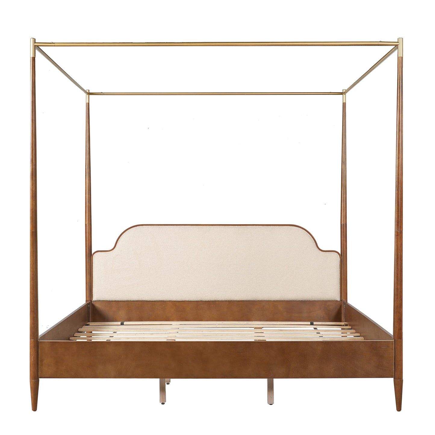 Christopher Knight Home Calos Canopy Bed Frame King Size with Upholstered Headboard, Solid Wood Four-Poster Platform Bed Frame, Wooden Slats Support, No Box Spring Needed, Easy Assembly, Brown