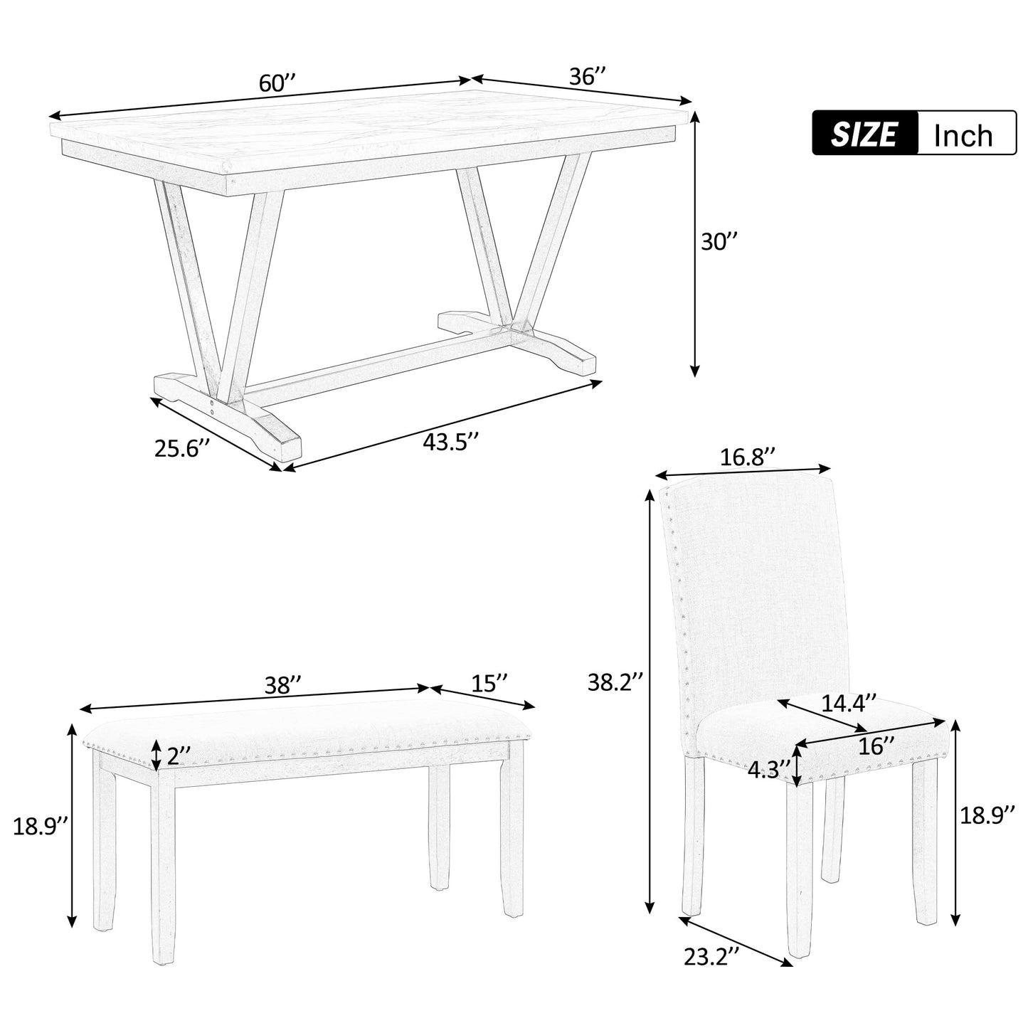 Ball & Cast 6 Piece Dining Table Set with 4 Chairs & 1 Bench,Living Room Furniture W/ 60" Rectangle Marbled Veneers Tabletop Kitchen Desk,for Restaurant,Home Bistro,White