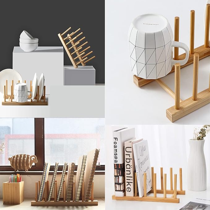 INNERNEED Bamboo Wooden Plate Racks Dish Stand Holder Kitchen Storage Cabinet Organizer for Dish/Plate/Bowl/Cup/Pot Lid/Cutting Board (Pack of 4)