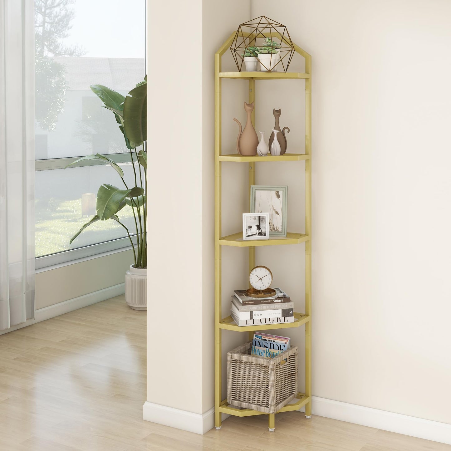 5-Tier Corner Shelf Stand, Gold Corner Bookshelf, Bathroom Storage Rack Shelf, Plant Rack, Tempered Glass, Steel Frame, Modern Style for Living Room, Bathroom, Kitchen, Metallic Gold