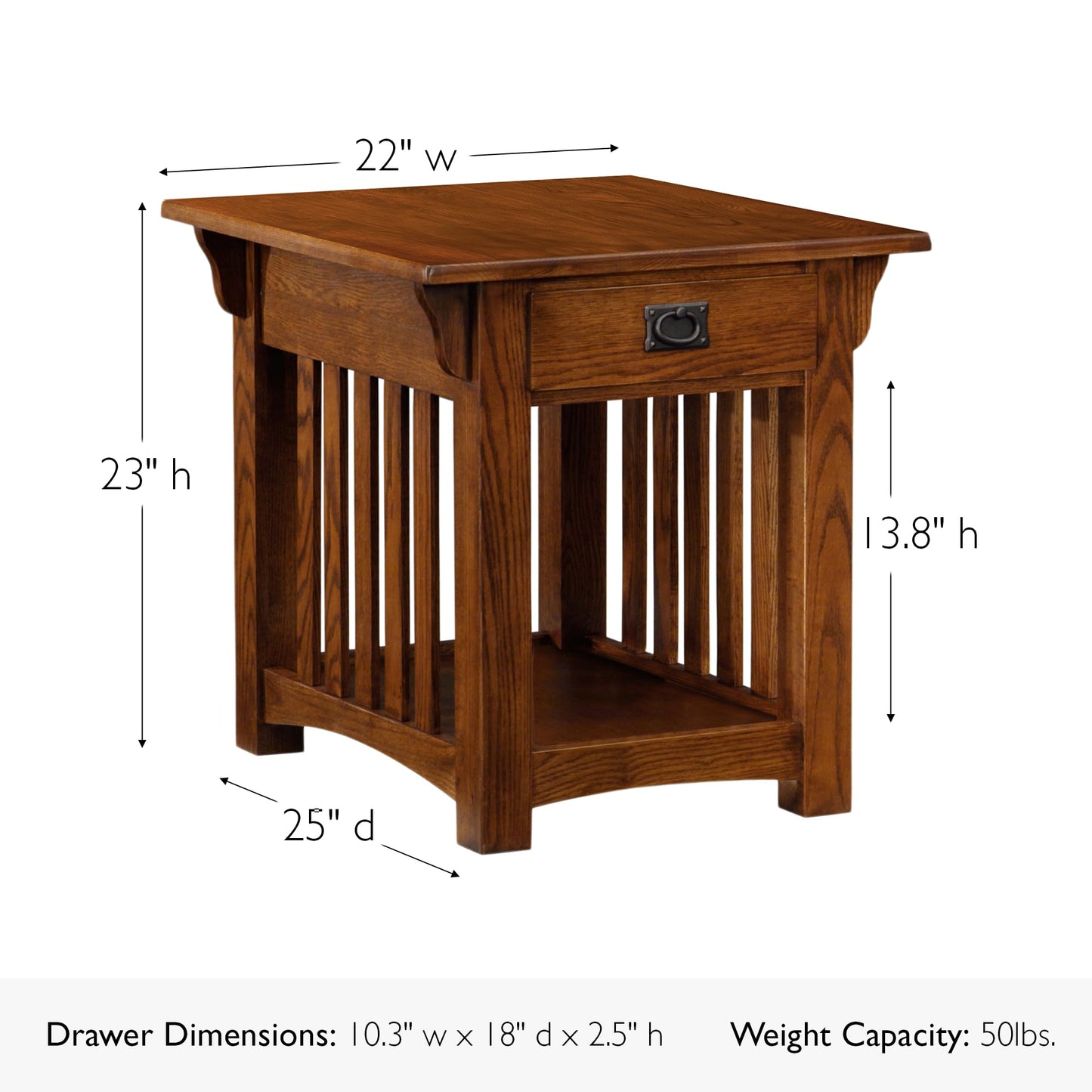Leick Home Mission End Table, Solid Wood Construction, 1 Storage Drawer, Bottom Display Shelf, Slatted Sides, Easy-Assembly, Medium Oak, 25.0 in. W x 22.0 in. L x 23.0 In. H, 8207