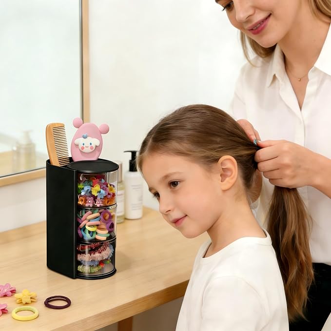 Azurphoric Hair Accessories Organizer with Hair Brush Holder, Rotatable Makeup Brush Holder for Necklaces, Earring, Bracelet, Ring, Makeup Brushes, Hair Clip and Hair Accessories (Black, 3-Layer)