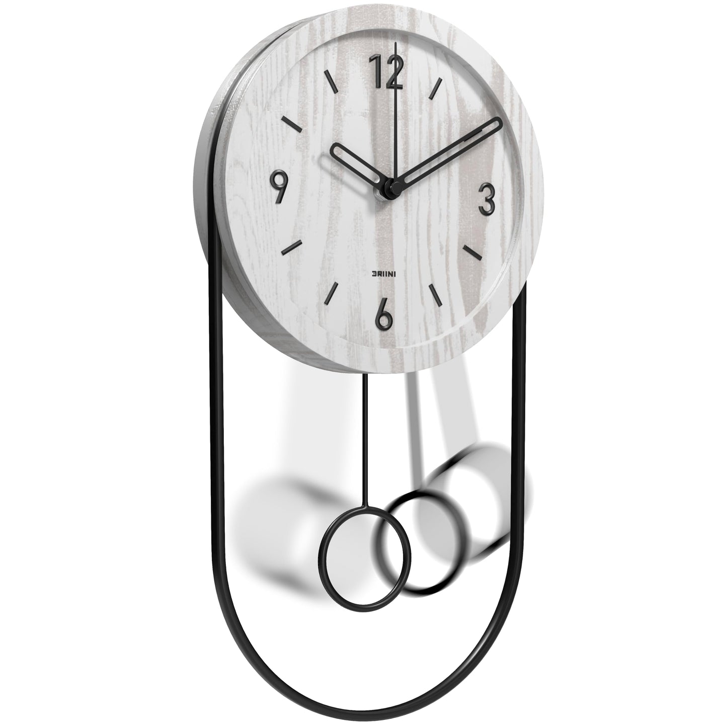 Driini Decorative Wall Clock with Pendulum (White) – Modern Wood, 3D Gold Numbers, Metal Frame – Small, Unique Wall Clocks for Living Room Decor or Bathroom - Battery Operated, Silent, Non-Ticking