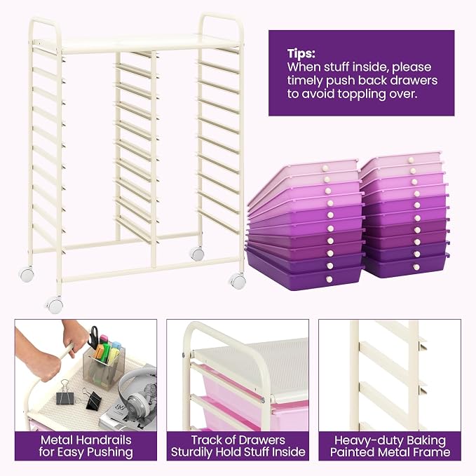 COSTWAY 20-Drawer Rolling Storage Cart, Utility Storage Organizer Cart for Tools, Scrapbook, Paper, Craft, Multipurpose Storage Trolley on Wheels for Home Office School, Purple Gradient