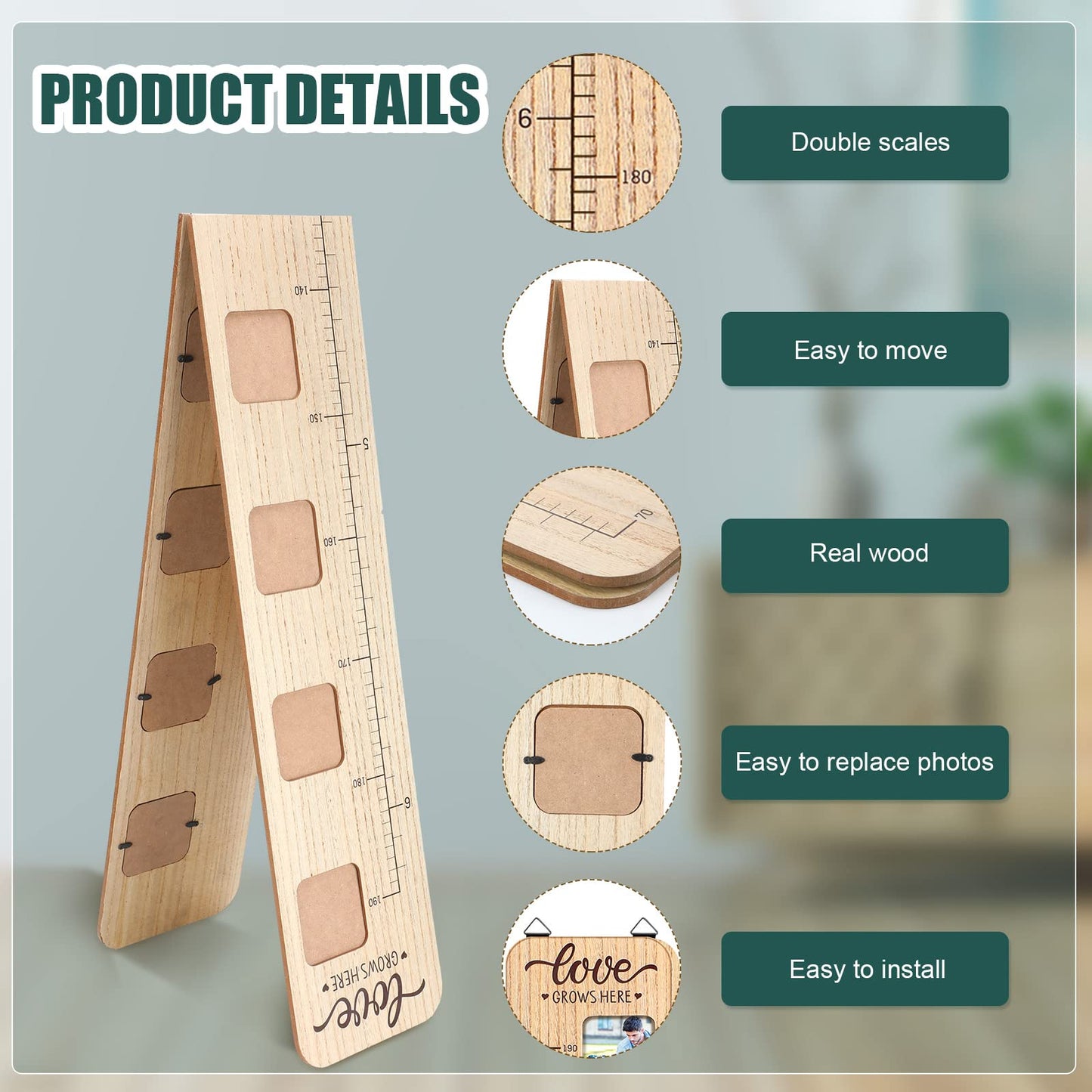 Chunful Wooden Growth Chart for Kids with Picture Frames Height Growth Chart for Wall Foldable Height Measurement Ruler for Boy Girl Teen Bedroom Playroom Nursery Child's Room Wall Decoration