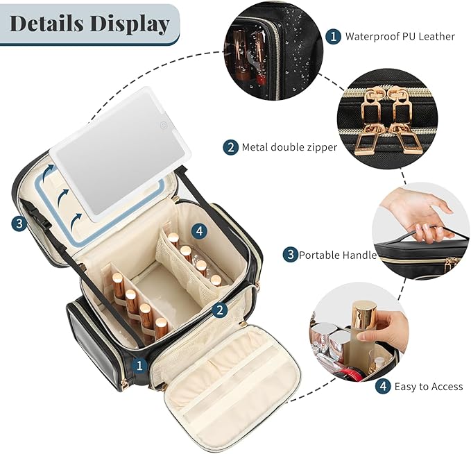 Large Makeup Bag with LED Mirror, Travel Makeup Bag Organizer for Women Girls with Makeup Brush Compartment & Two Side Pockets, 3 Color Lights Cosmetic Toiletry Bag- Leather Black