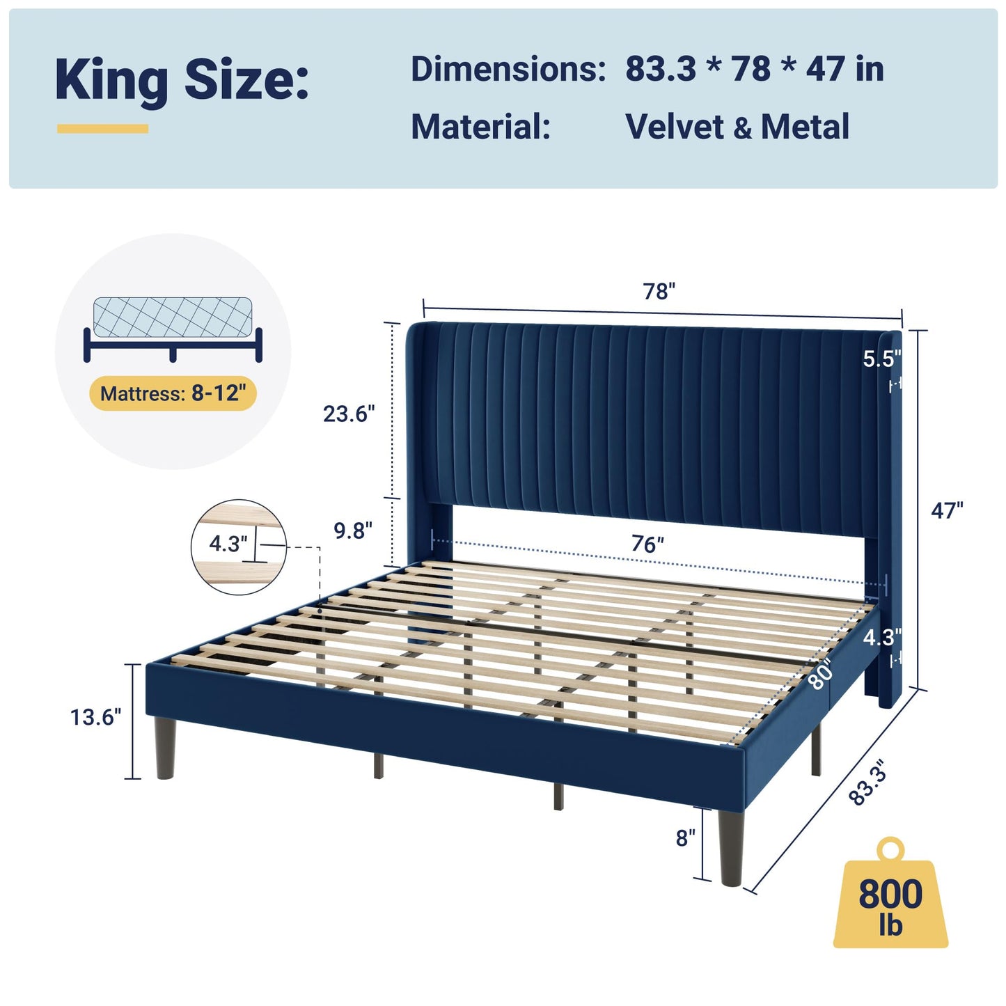 Allewie King Size Velvet Bed Frame/Vertical Channel Tufted Wingback Headboard/Upholstered Platform Bed/Strong Wooden Slats/No Box Spring Needed/Easy Assembly/Blue